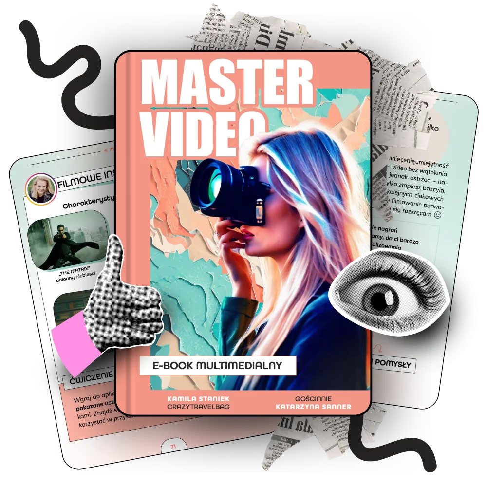 Kolorowy kolaż z napisem "Master Video", postacią w słuchawkach i elementami graficznymi. Obraz sugeruje tematykę wideo i montażu.